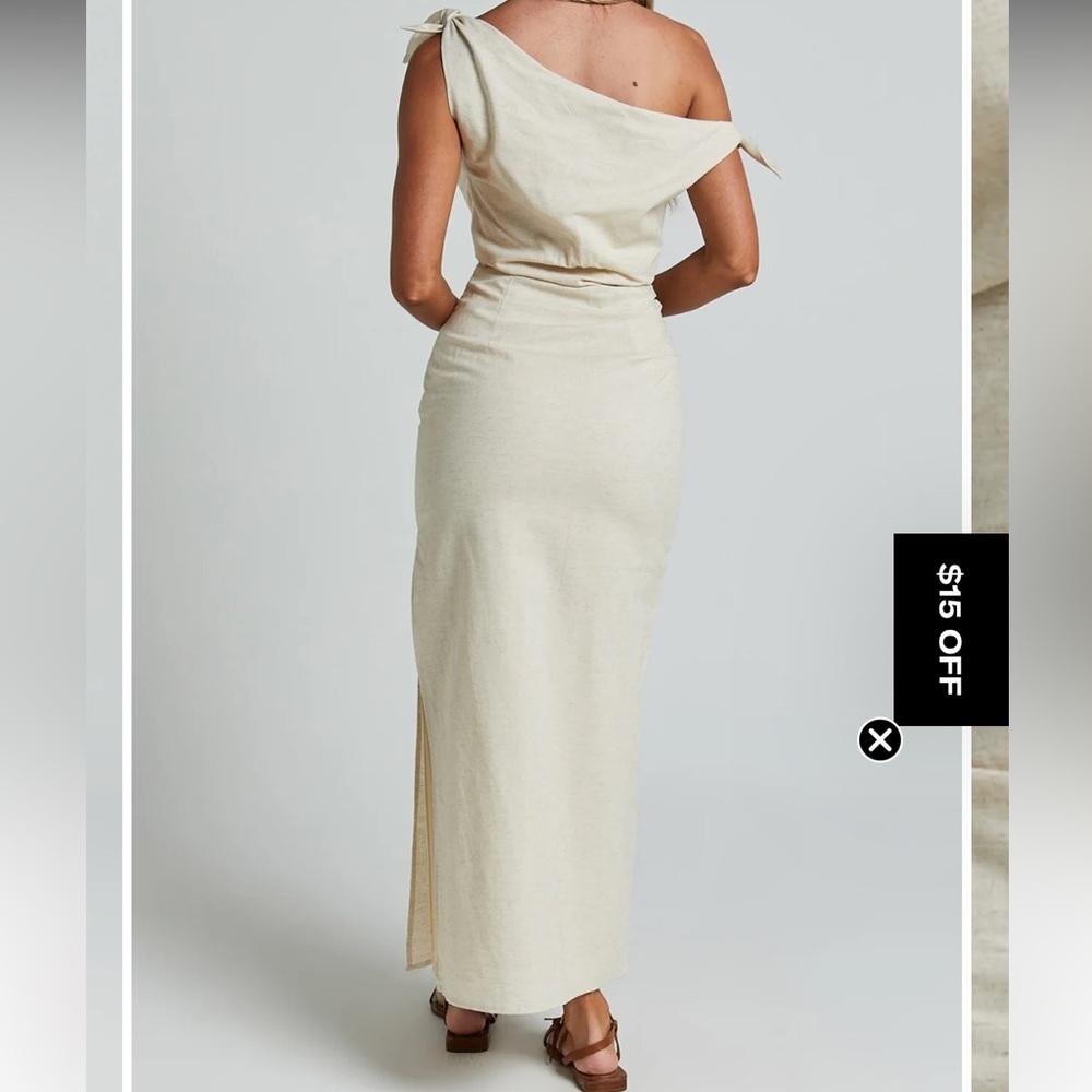 SHOWPO Cincinnati maxi beige Dress off shoulder cotton linen slit classy 10 new - Picture 5 of 15